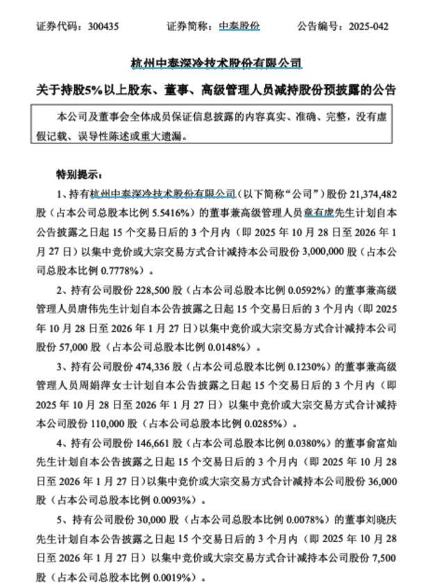 海量财经｜半年股价翻倍后 中泰股份“领导班子”同日齐抛减持计划